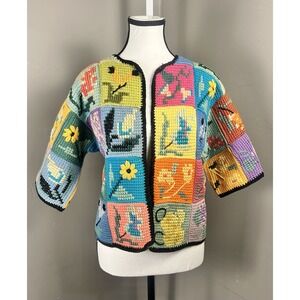 VTG Handmade Crochet Granny Square Open Cardigan Patchwork Cottagecore M